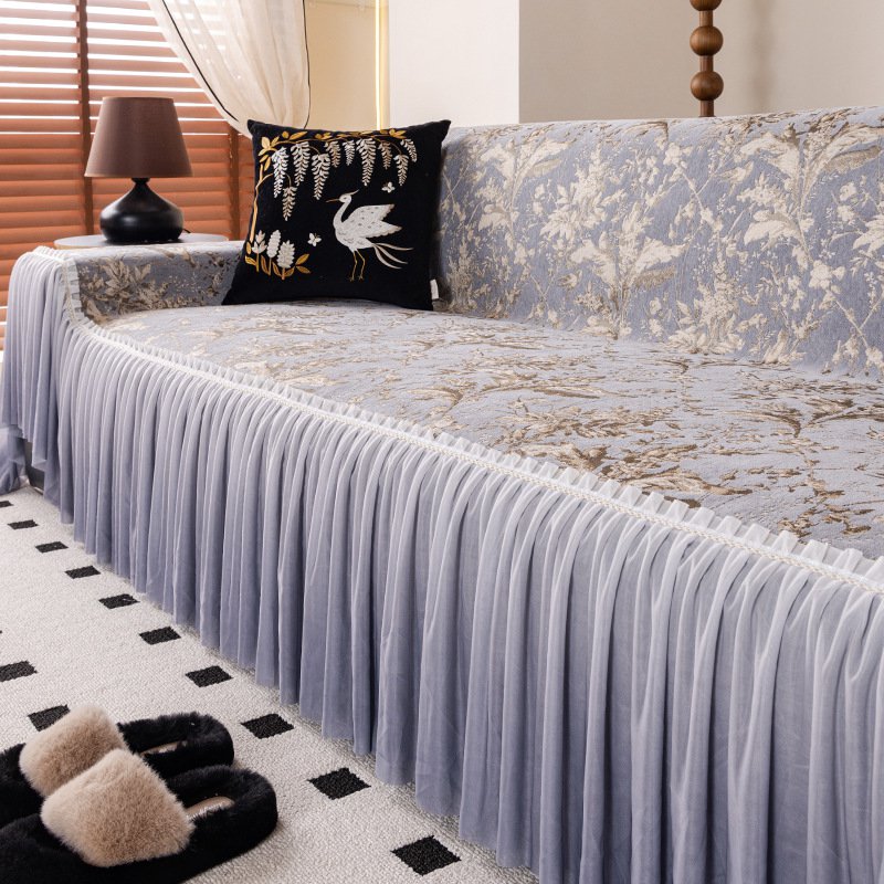 ผ้าคลุมโซฟากันลื่นผ้าชีนนีลพร้อมชายกระโปรง