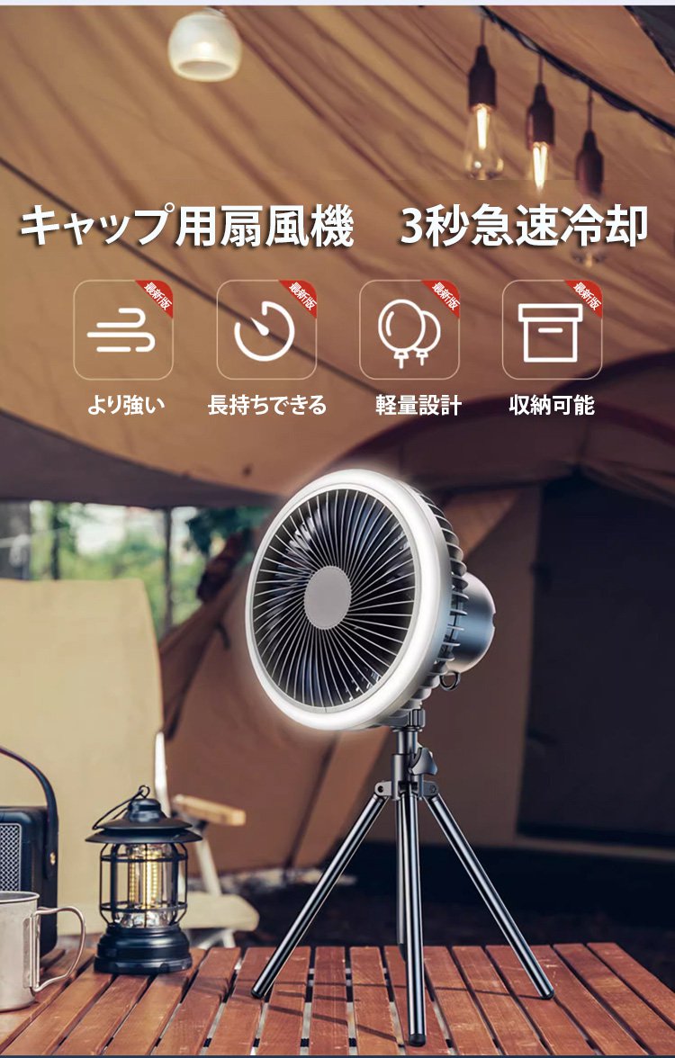 テント内に設置した三脚付き扇風機