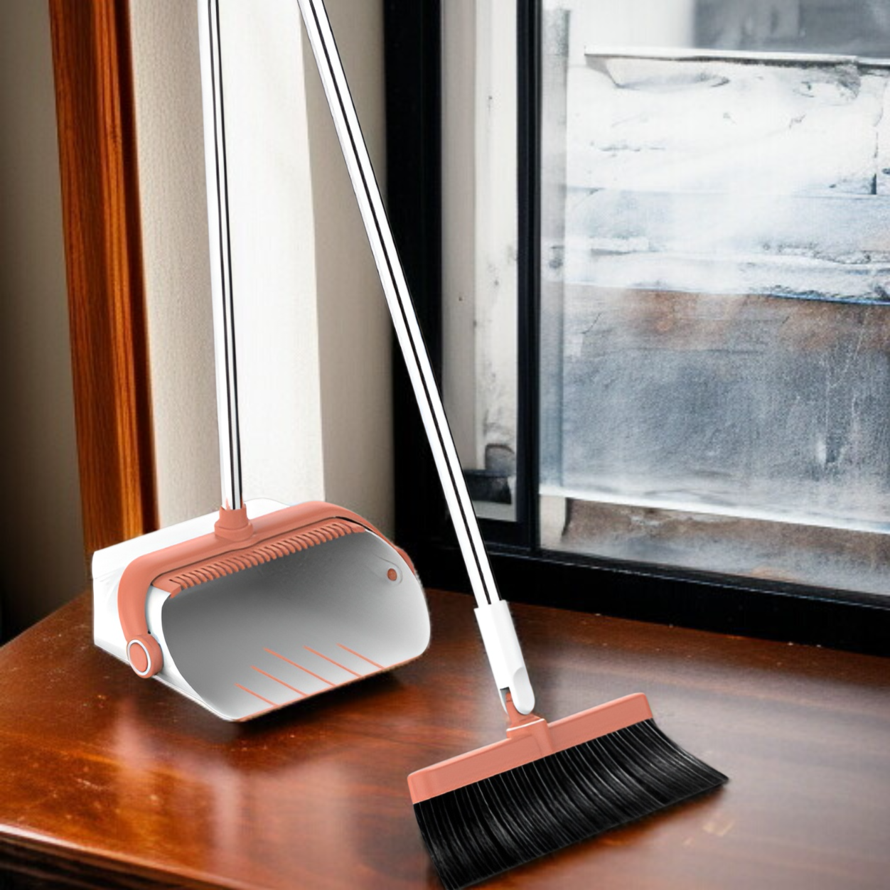 バスルームでほうきセットを使用する場面