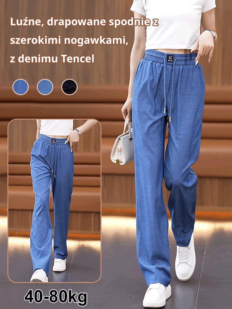 [Schudnij 5kg]Luźne, drapowane spodnie z szerokimi nogawkami, z denimu Tencel