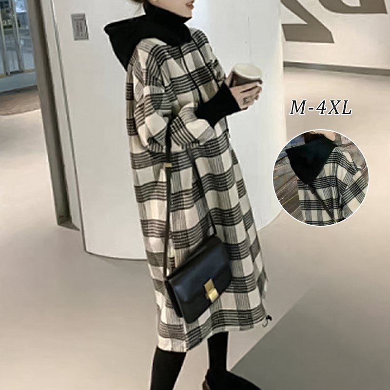 ファッションフード付きチェック柄着瘦せカジュアルワンピース